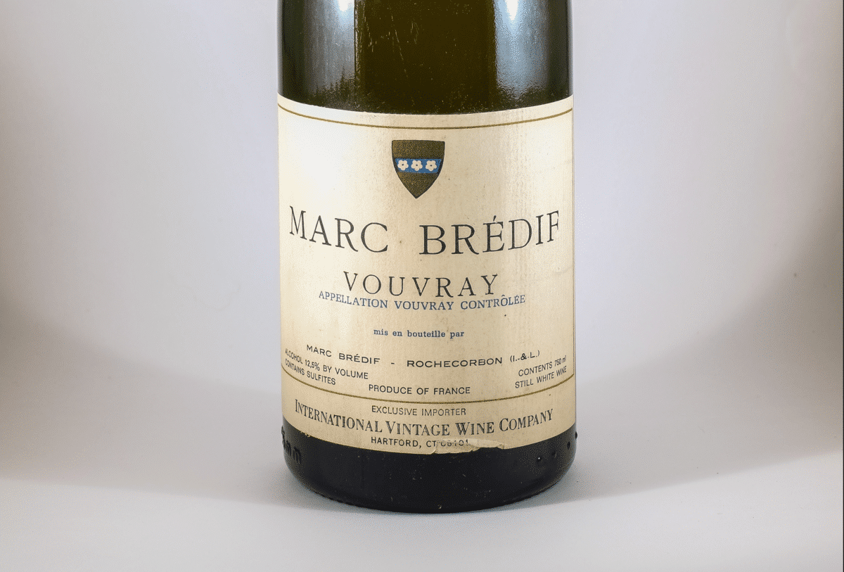 Close-up of a 1985 Marc Brédif Vouvray wine bottle label
