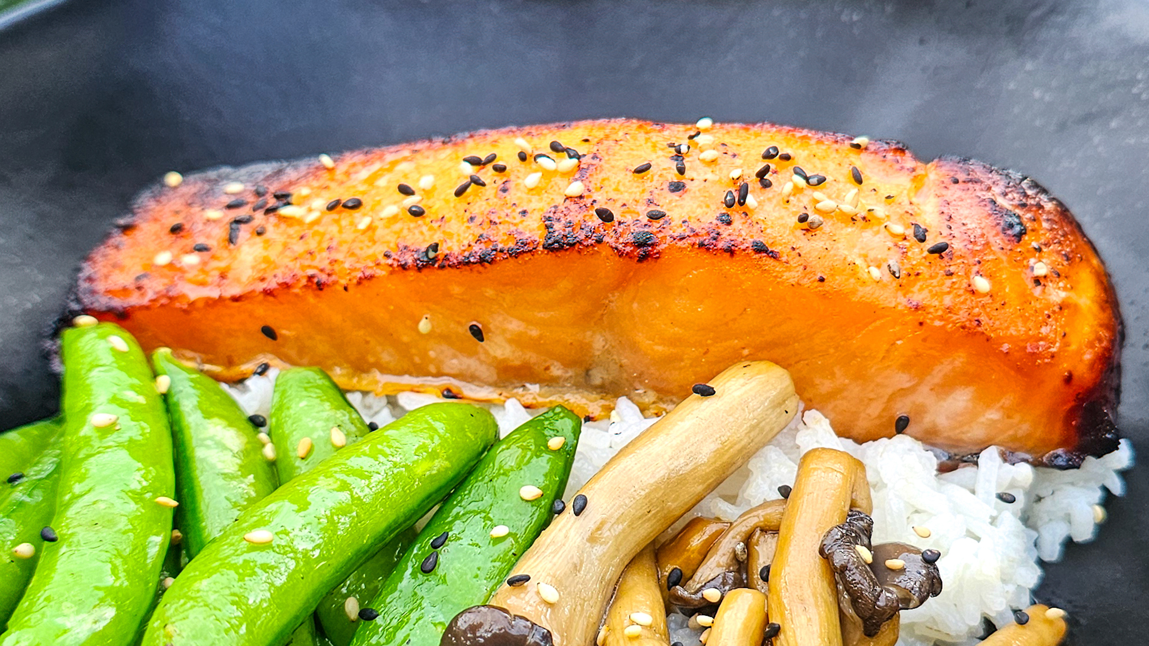 Miso-Sriracha Salmon with Soy-Glazed Mushrooms and Snap Peas