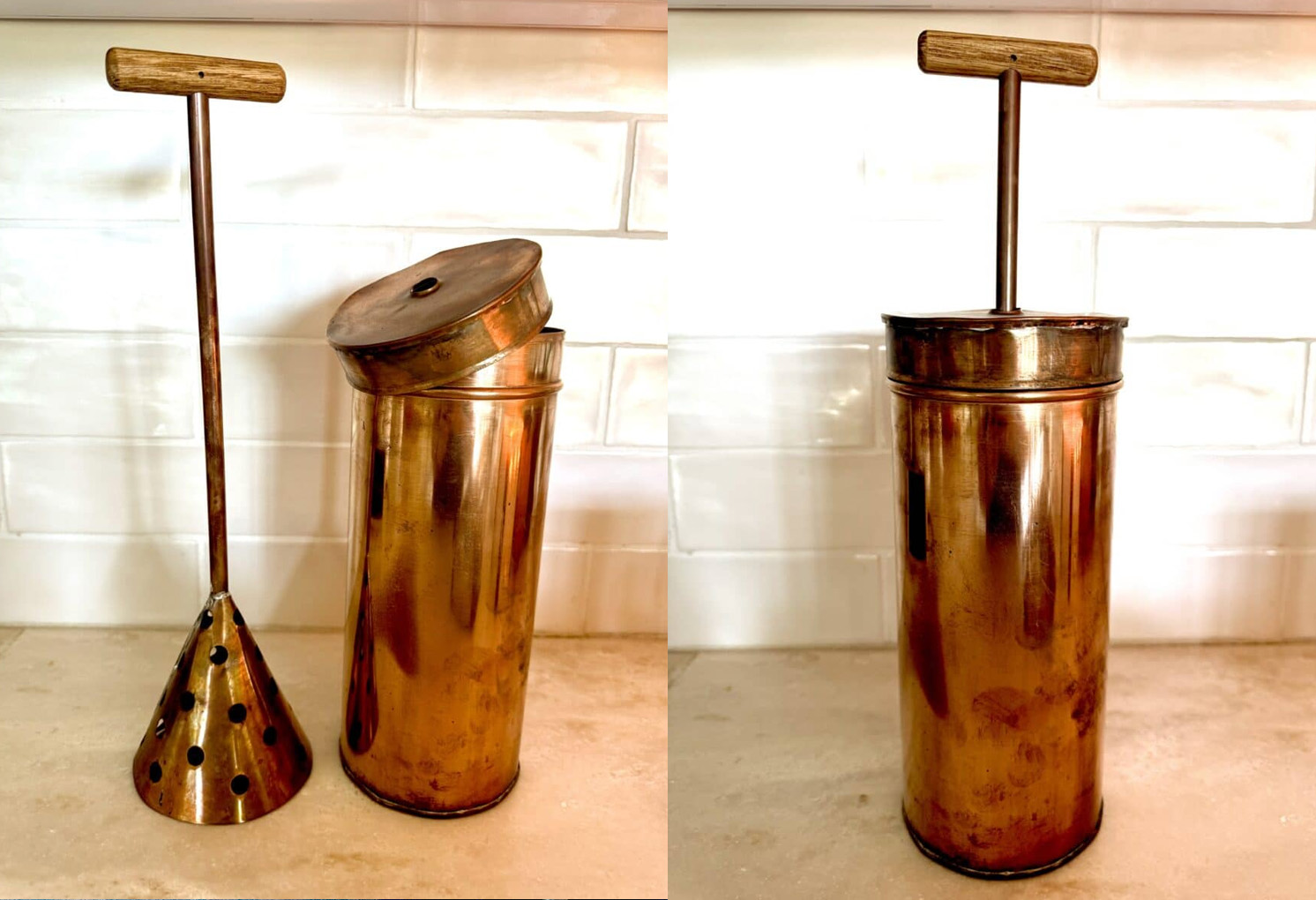 Copper Syllabub maker in pieces and assembled