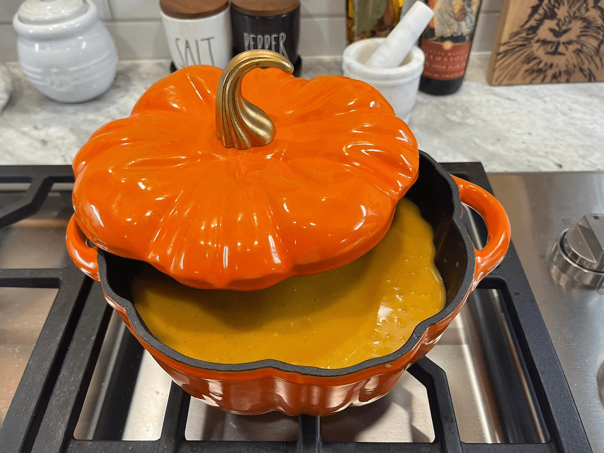 Pumpkin Soup on stove in decorative bowl