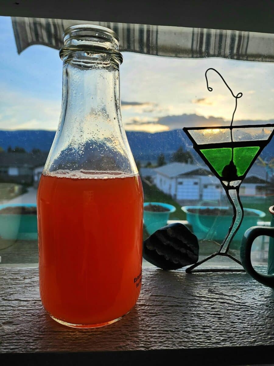 Rhubarb juice in a glass bottle