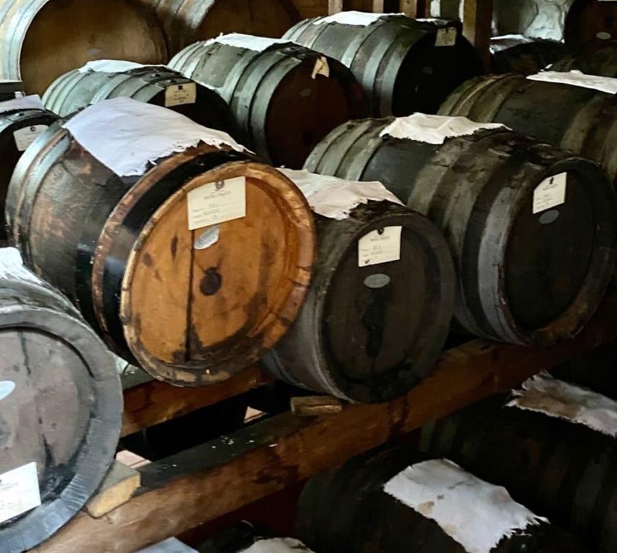 Rows of wooden barrels storing balsamic vinegar.