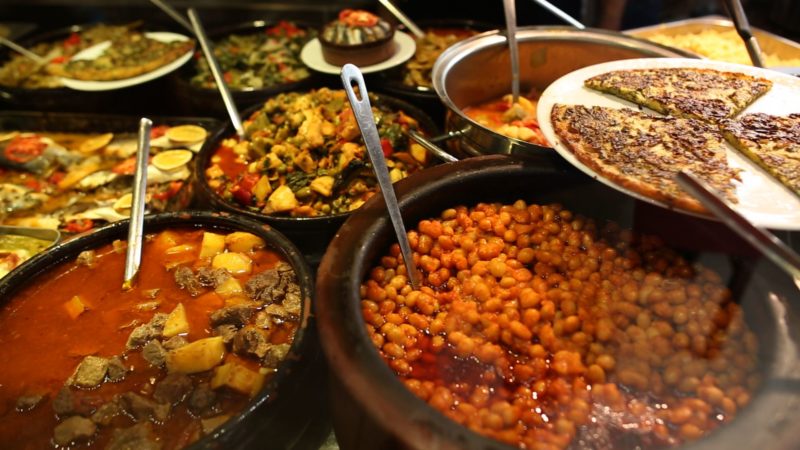 An assortment of traditional Turkish dishes on display.