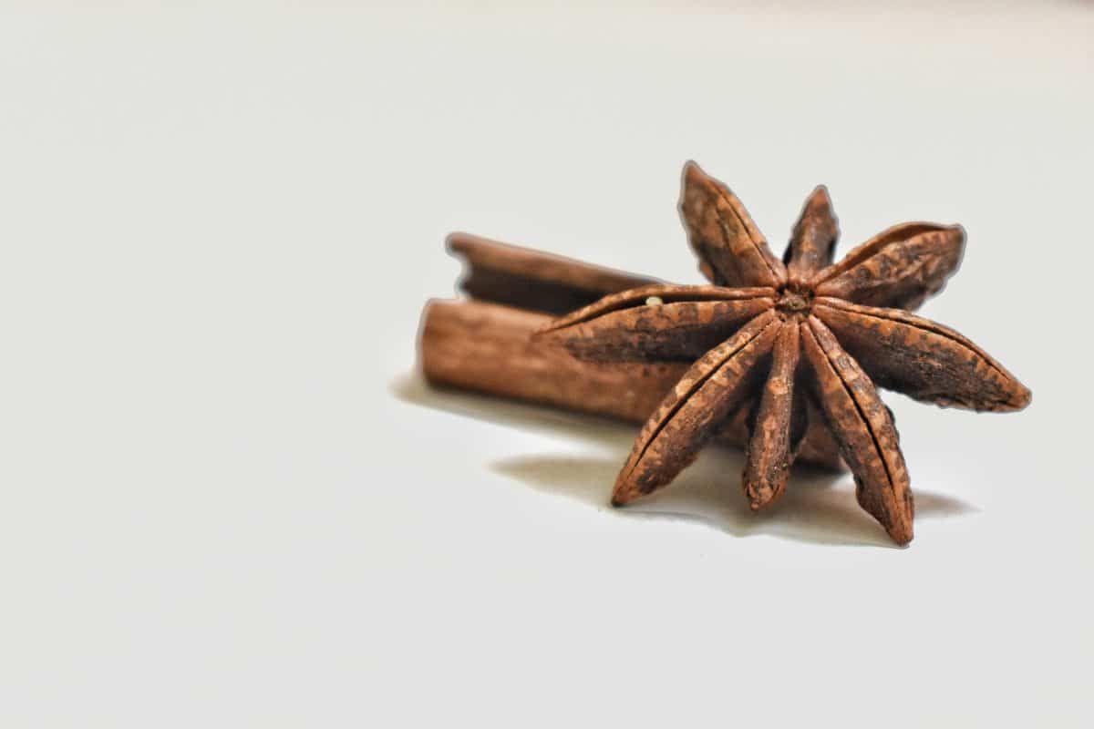 Star anise, cinnamon sticks, and bay leaves on wood.