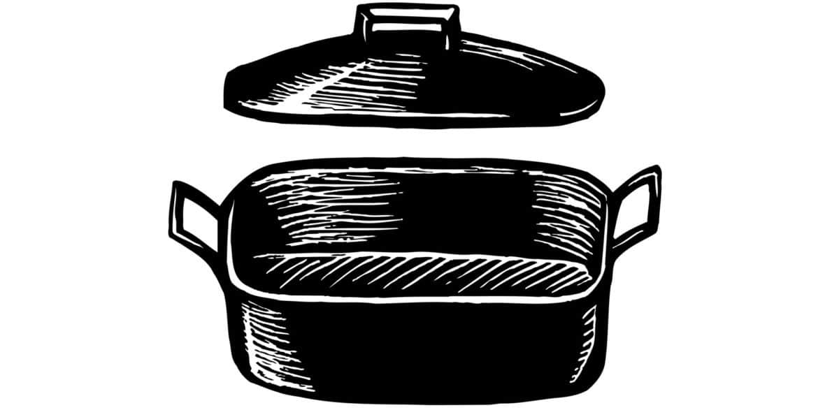 Black and white illustration of a casserole dish with a lid.