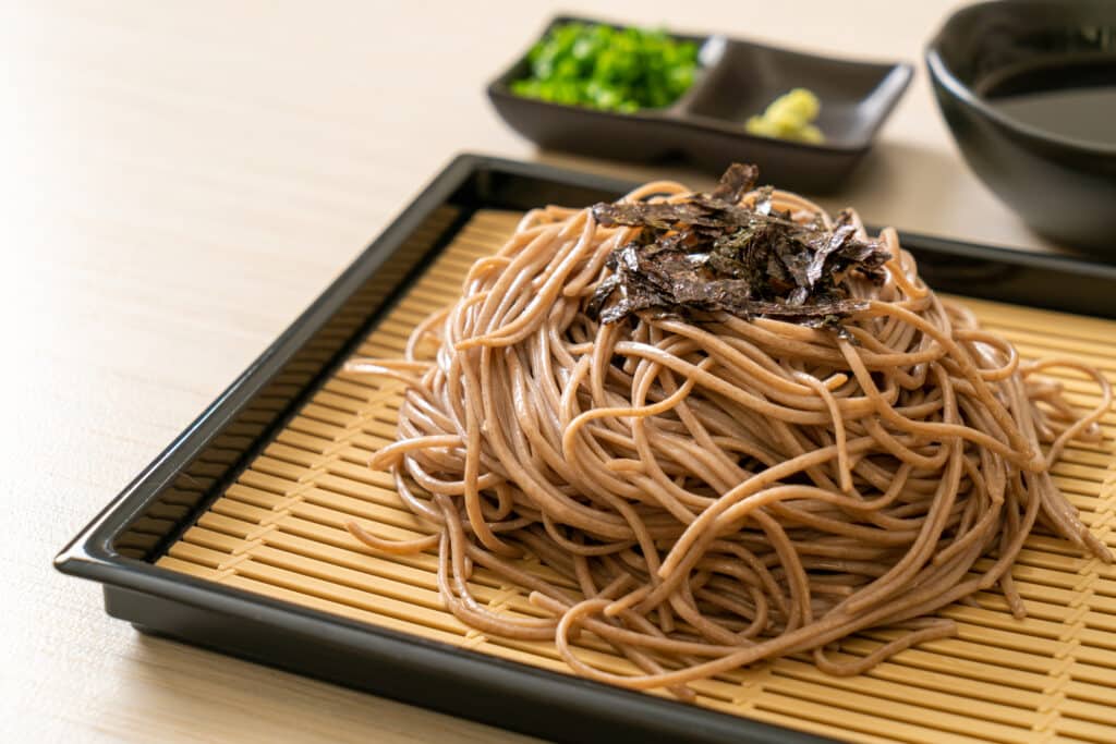 buckwheat soba noodles cooked on bamboo