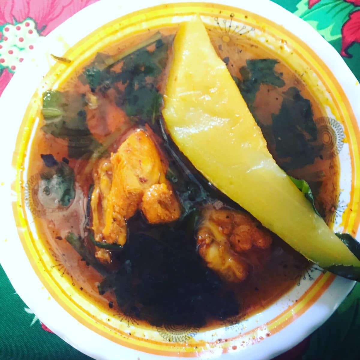 Close-up of Caldo de Pollo with chicken pieces and vegetables.