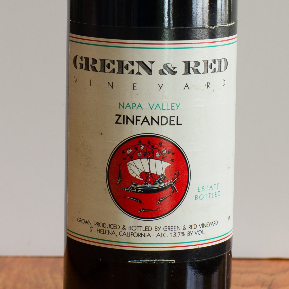 Close-up view of a bottle label from Green & Red Vineyard, Napa Valley.