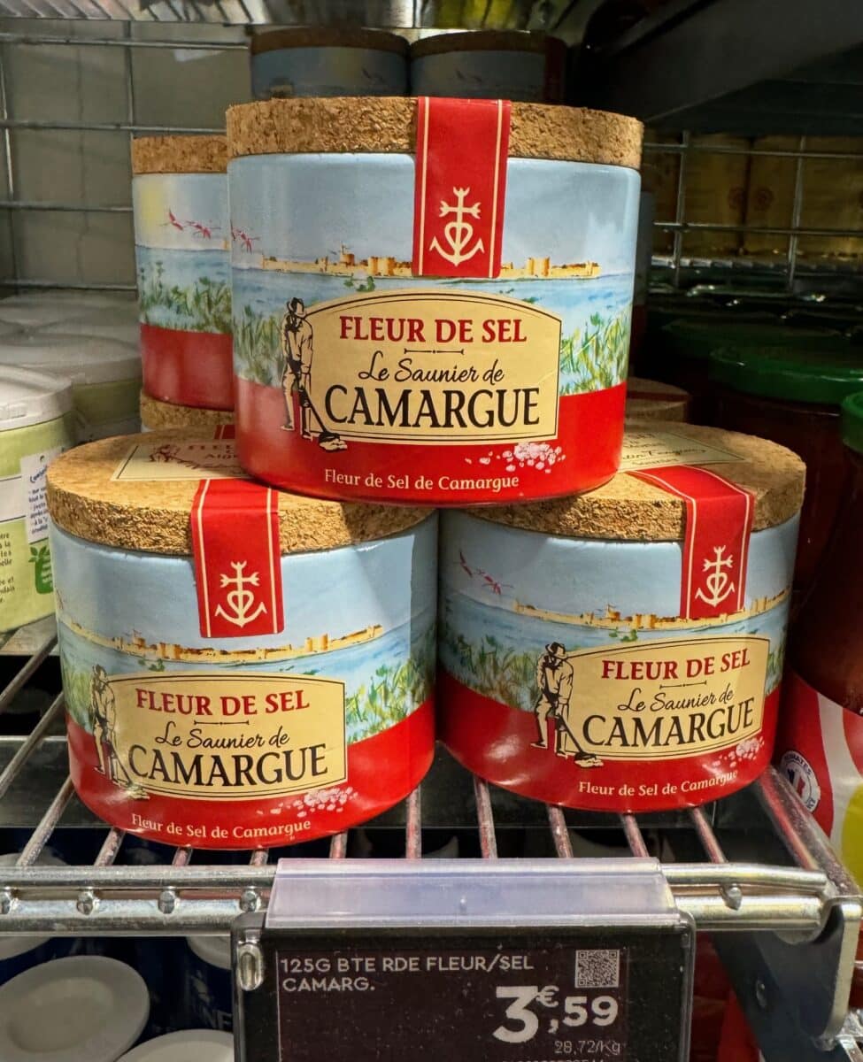 Stacked containers of Fleur de Sel from Camargue with a picturesque design.