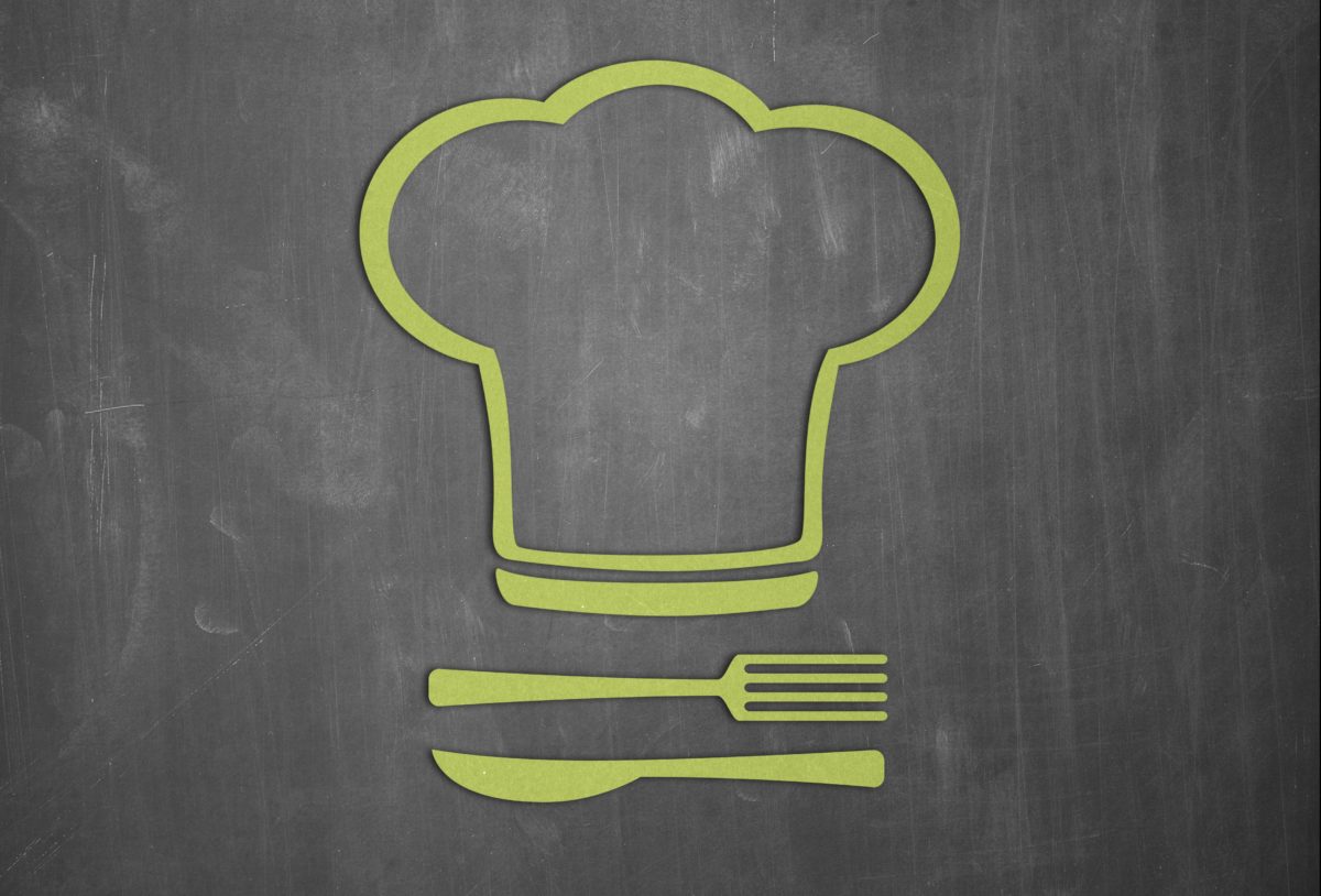 Graphic representation of a chef hat with a fork and knife