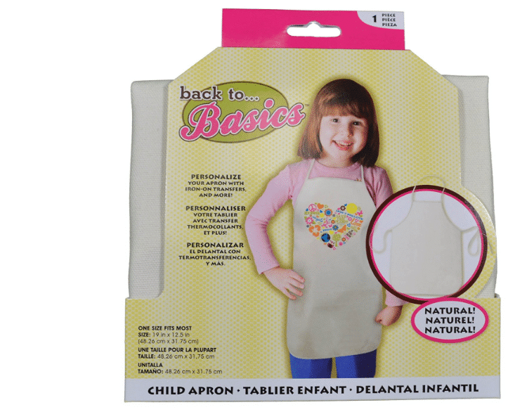 Child wearing an apron with a space for personalization.