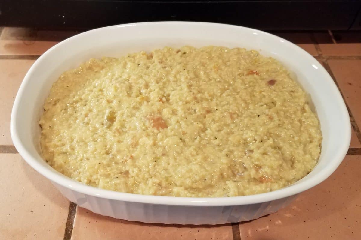 Close-up of a creamy dressing dish in a white bowl.