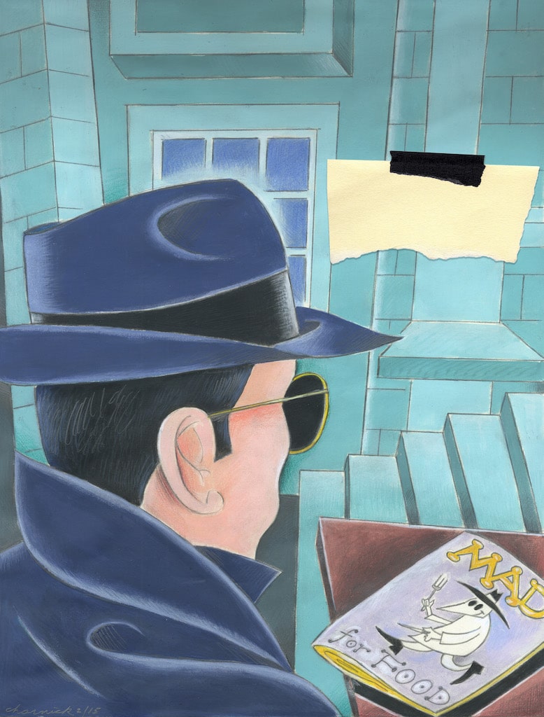 Painting of a man in a trenchcoat and fedora