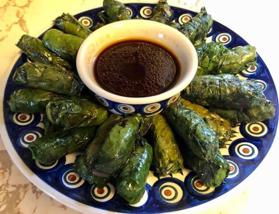 Fresh Duck Dim Sum on a Patterned Plate