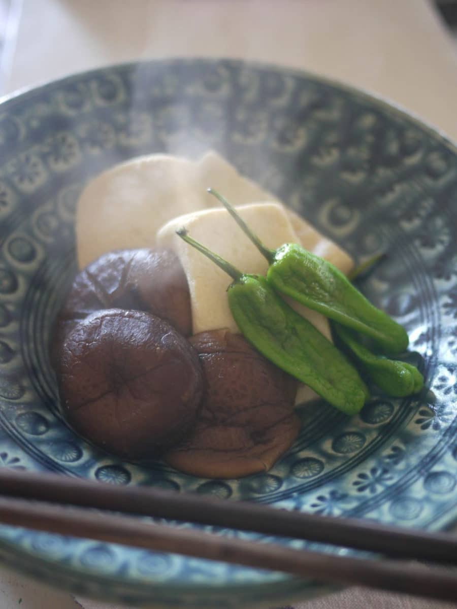 Blue and white plate with freeze-dried tofu, shishito peppers, and chopsticks on a traditional patterned plate.