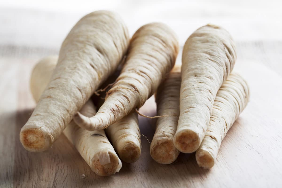 Fresh raw parsnips grouped together on a wooden cutting board.