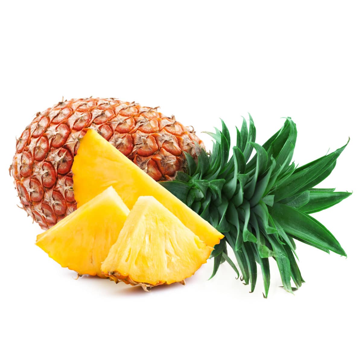 A whole pineapple next to a juicy, freshly-cut pineapple slice.