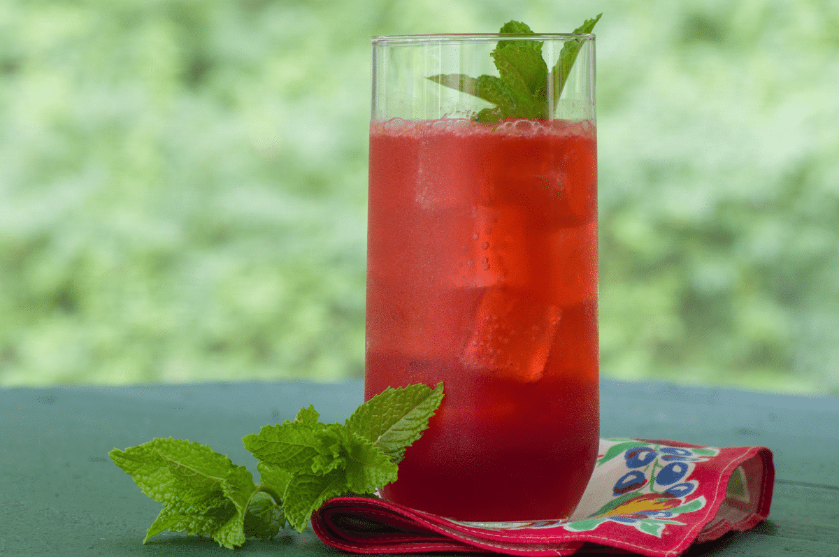 Refreshing raspberry fizz drink garnished with mint leaves.