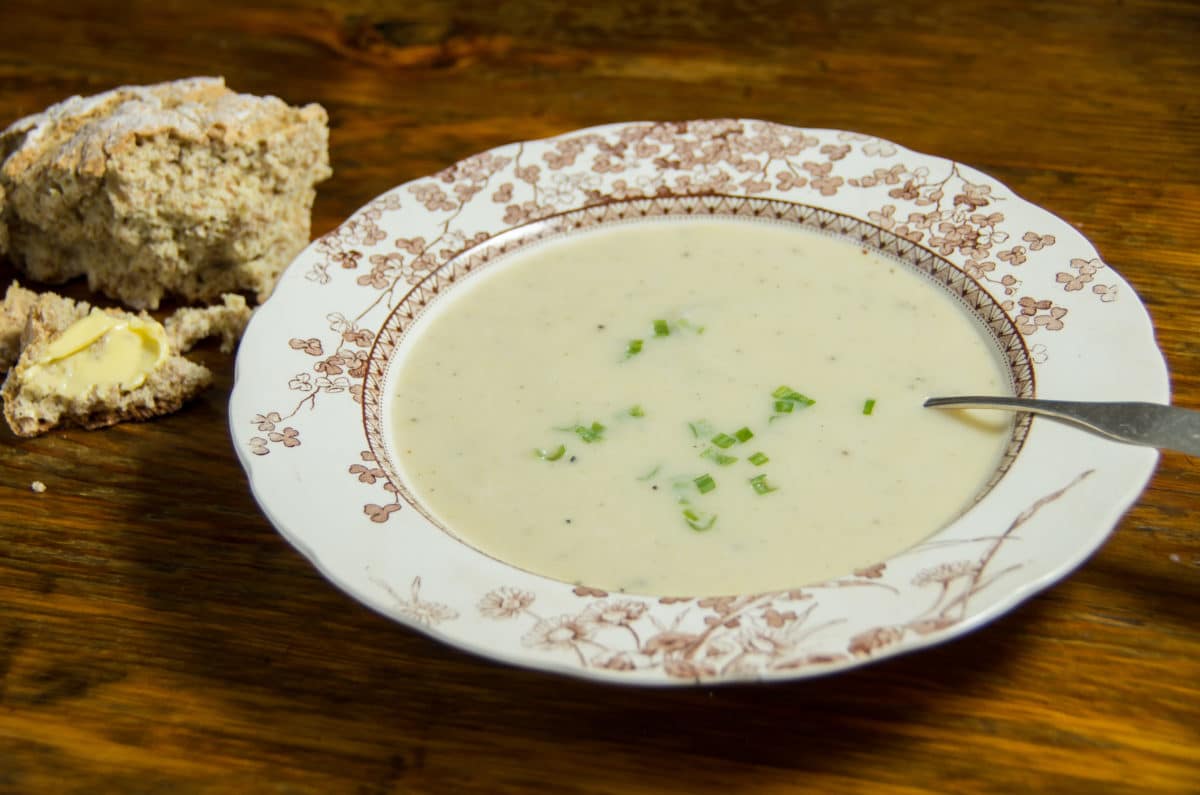 Leek and potato soup in a bowl