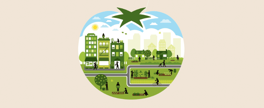 Illustration of an eco-friendly cityscape promoting sustainability.