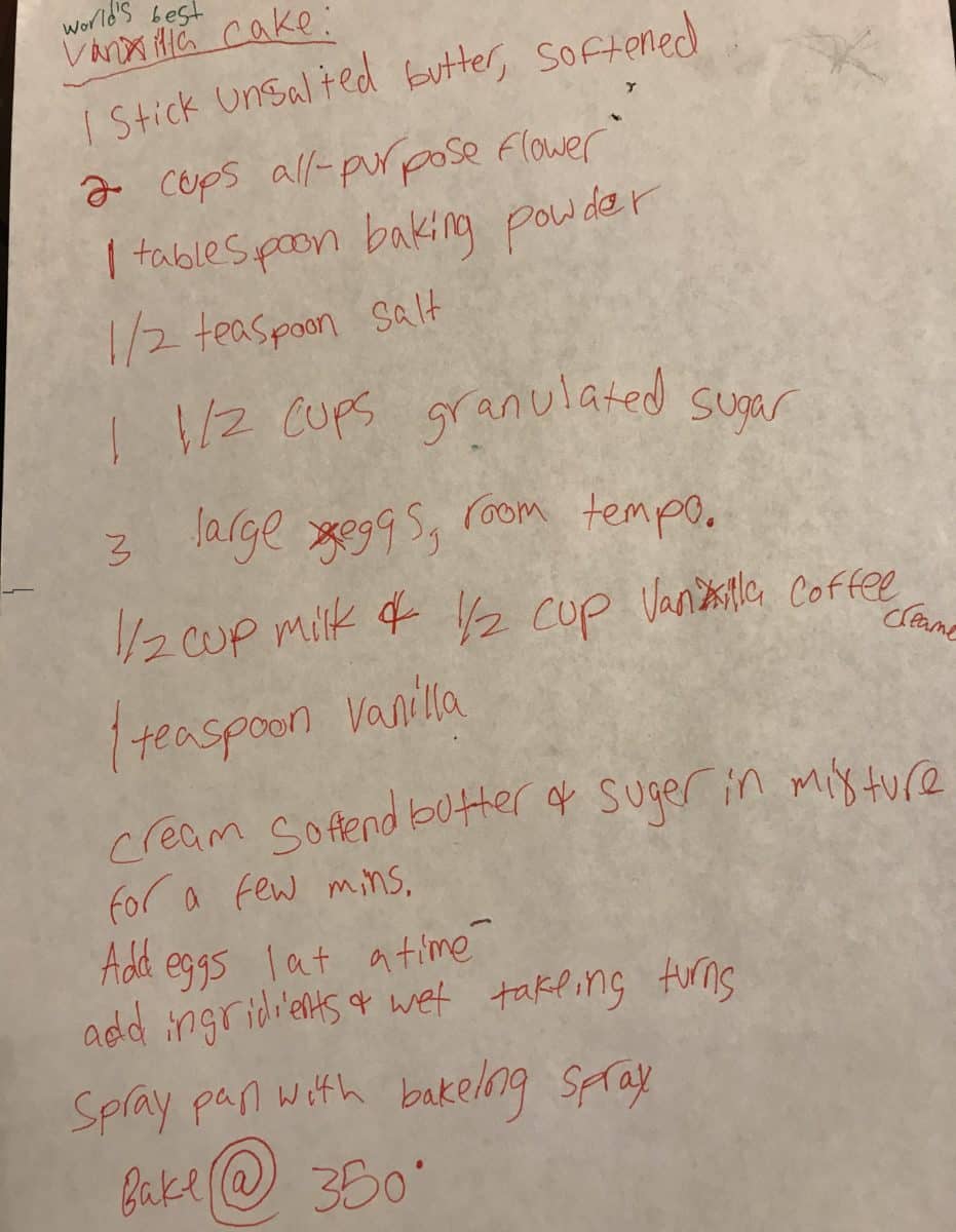 A handwritten recipe for Vanilla Globe Cake on a piece of paper.