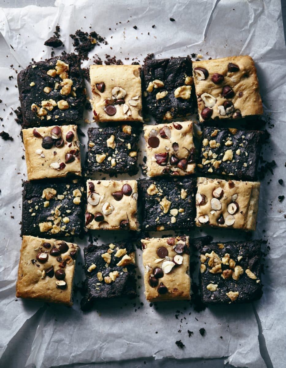 Square-cut hazelnut chip blondies