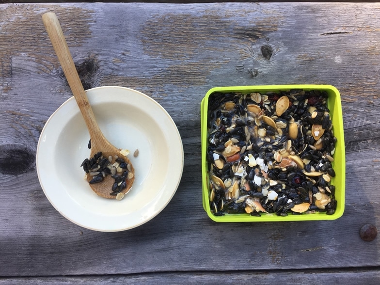 A bowl with a spoon containing a mixture of ingredients for making homemade suet cakes for birds.