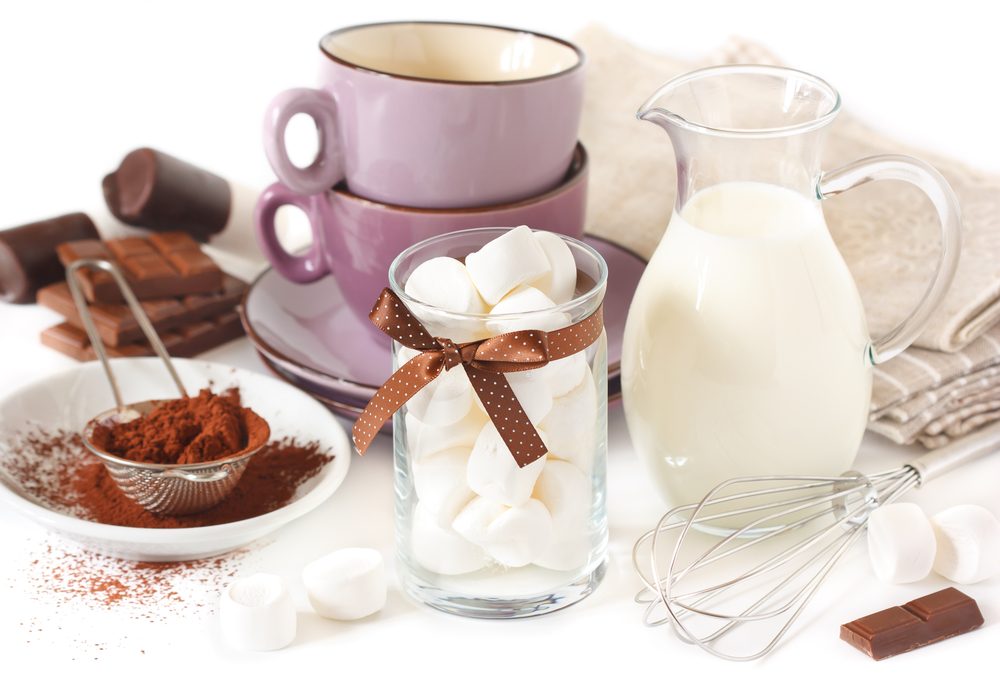 Cocoa powder, marshmallows, and milk for hot chocolate