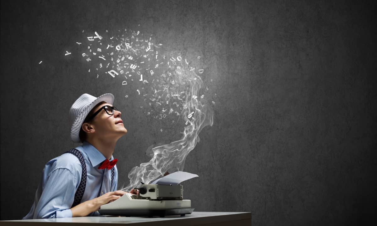 Man at typewriter with letters and smoke emanating, representing the flow of creativity.