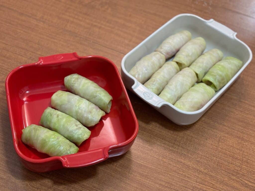 Assembled Kåldolmar (Swedish cabbage rolls) in Apollia ceramic baking pans