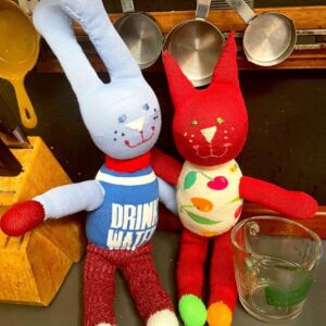 Knitted kitchen-themed sock dolls