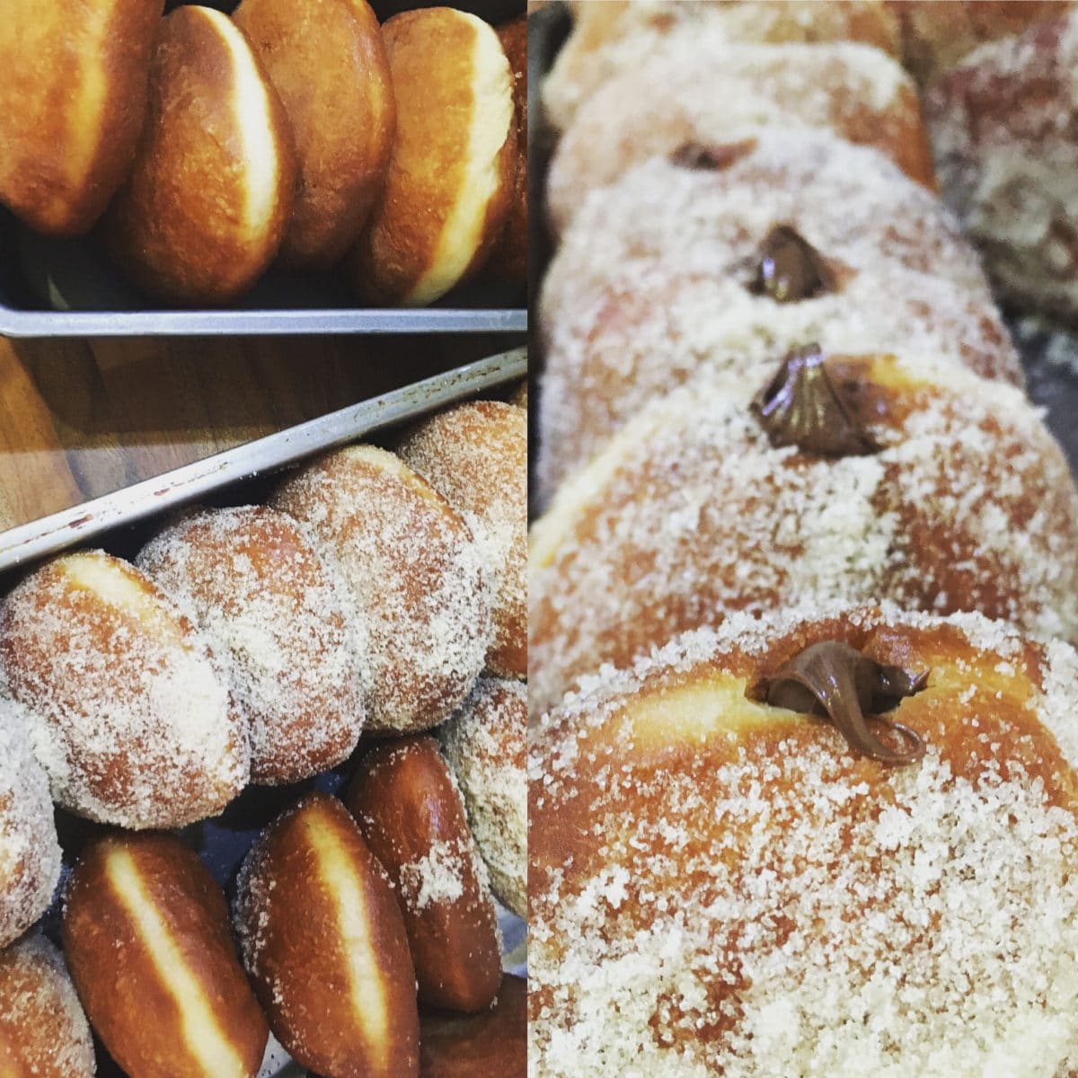 Assorted doughnuts with sugar dusting and chocolate filling.