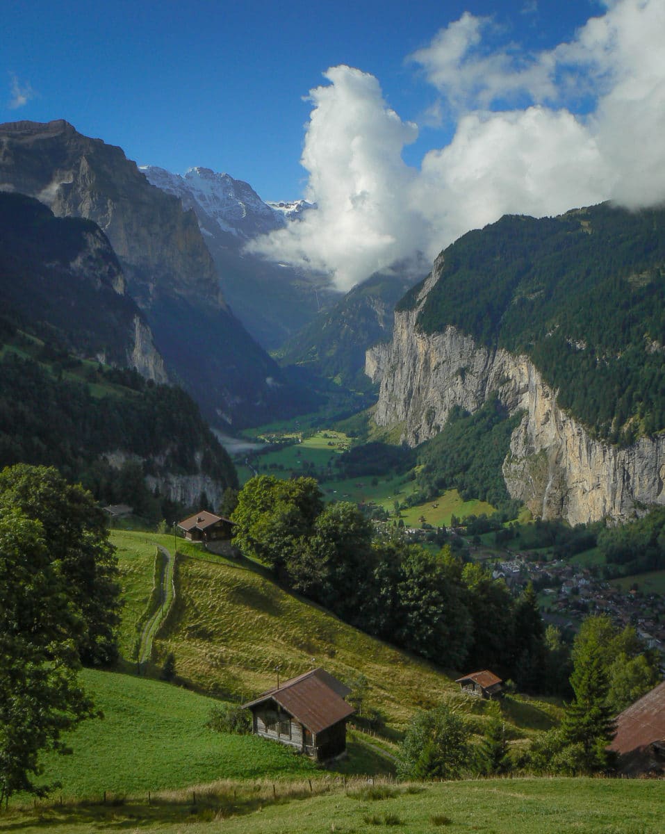 View of Lauterbrunnen Valley with dramatic cliffs and village nestled below