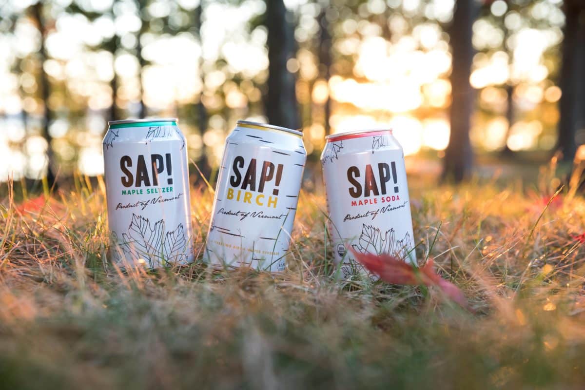 Three cans labeled "SAP!" with flavors of maple and birch on dry grass with trees.