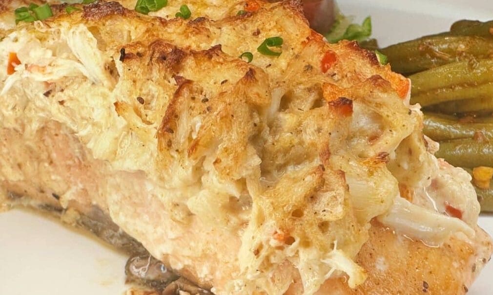 Maryland-Style blue crab topped baked salmon