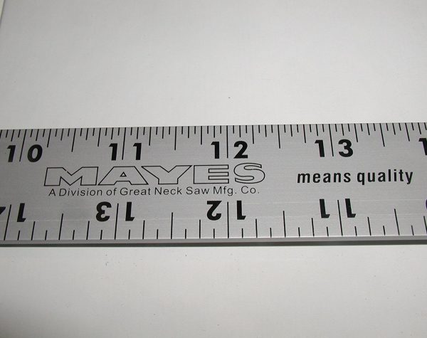 A Mayes straight edge aluminum ruler displayed against a white background.