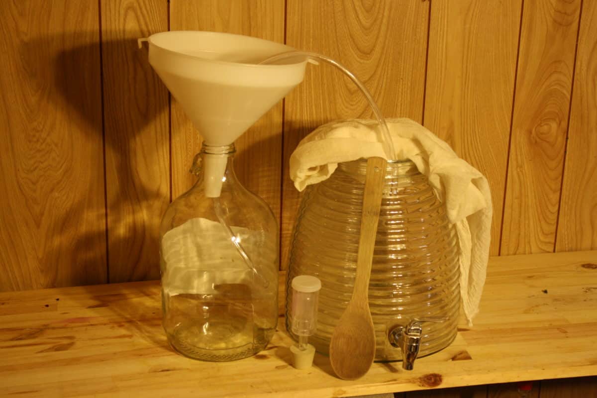 Overview of basic equipment for making a 1-gallon batch of mead.