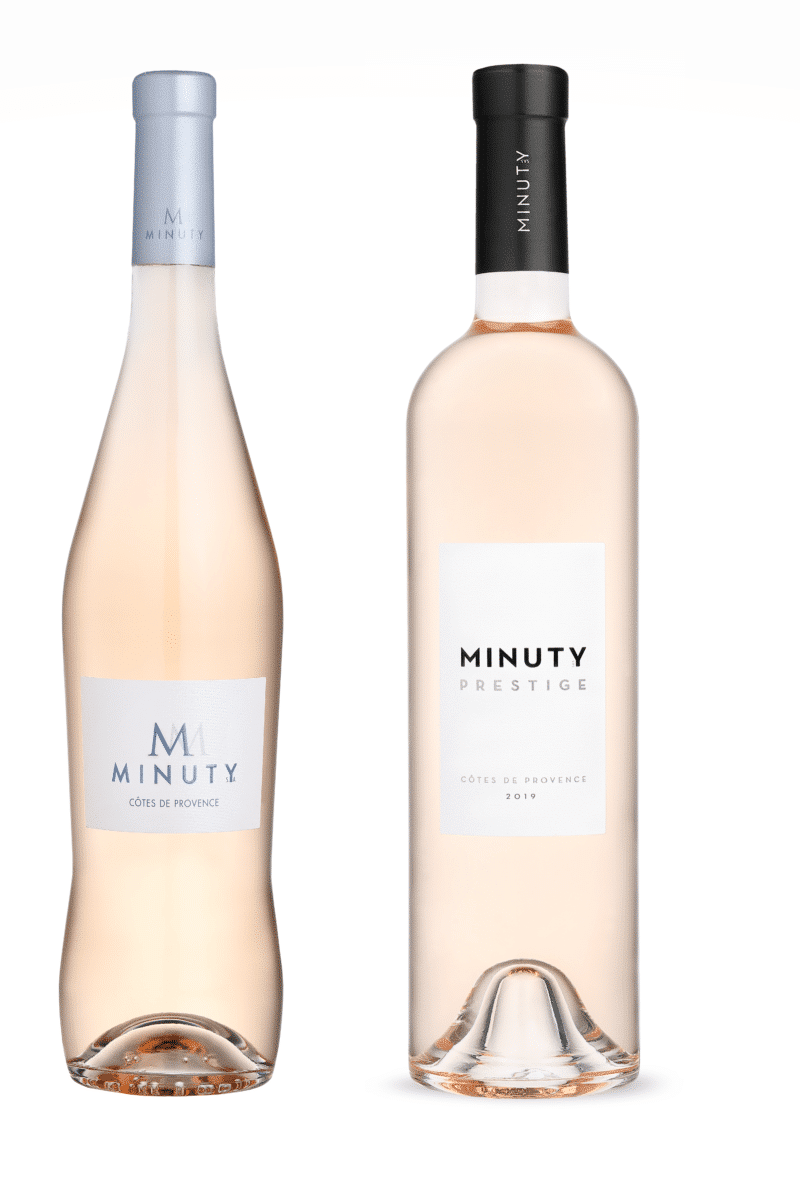 Close-up of Minuty wine bottle with a white cap