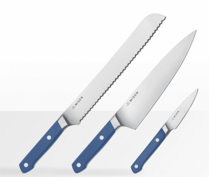 A set of Misen knives with blue handles