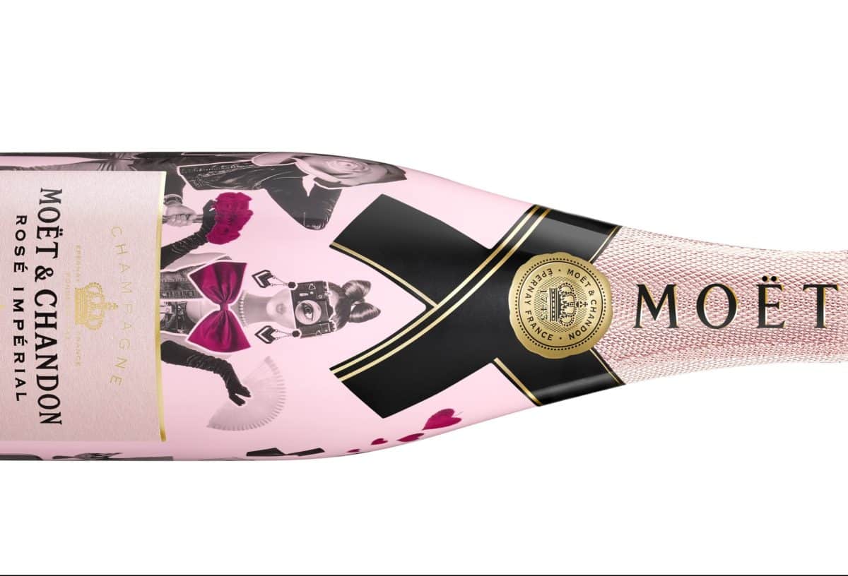 Close-up of Moët & Chandon Rosé Imperial Champagne bottle design