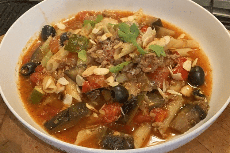 Hearty Moroccan casserole with meat, vegetables, and nuts