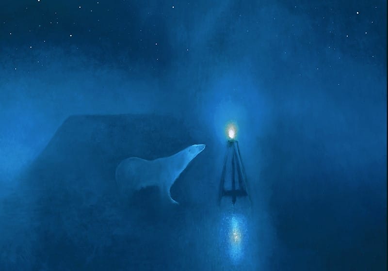 An artwork depicting a bear and a candle against a starry night backdrop.