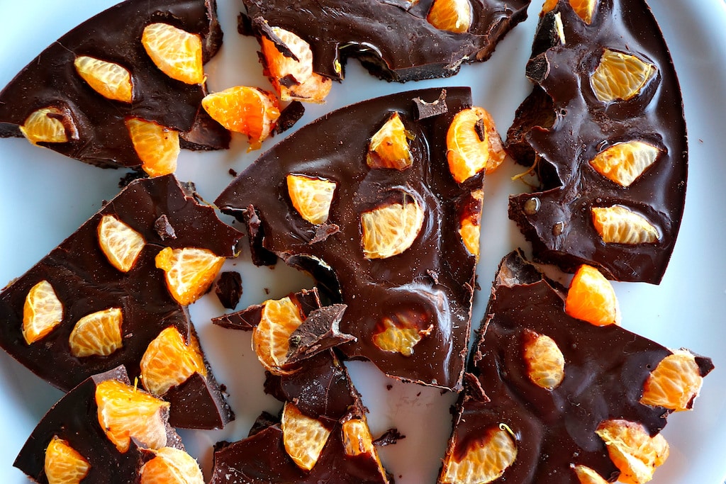 Dark chocolate bar with embedded orange pieces