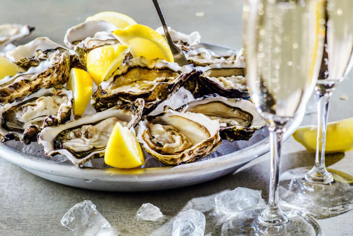Plate of oysters with champagne