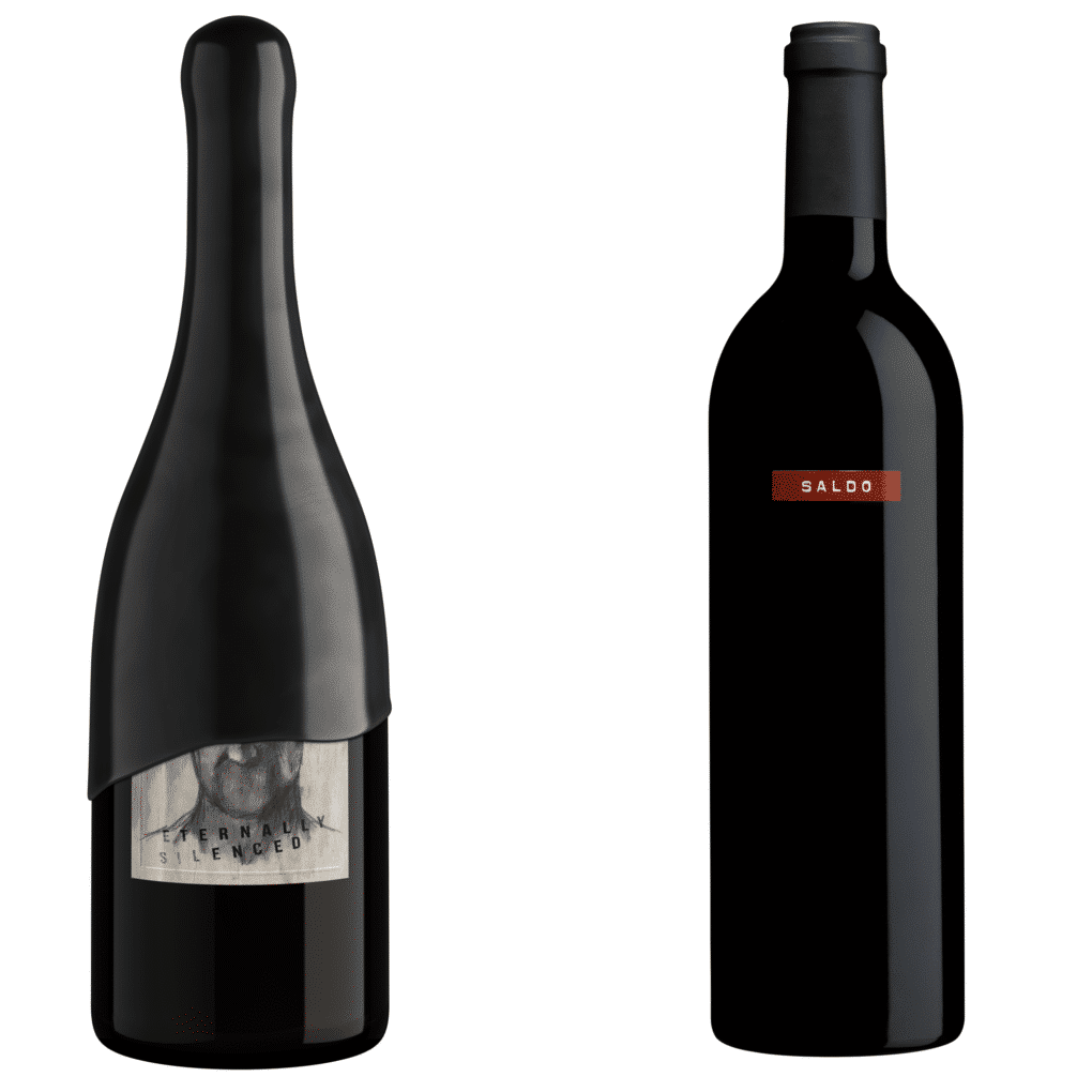 Two distinct wine bottles, one labeled 'Eternally Silenced'.