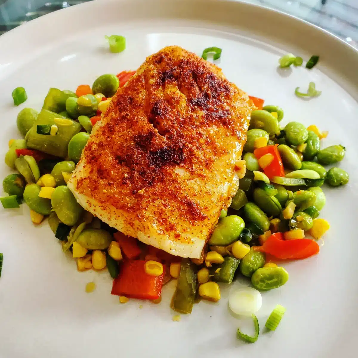 Close-up view of a pan-seared cod fillet served with a colorful succotash.