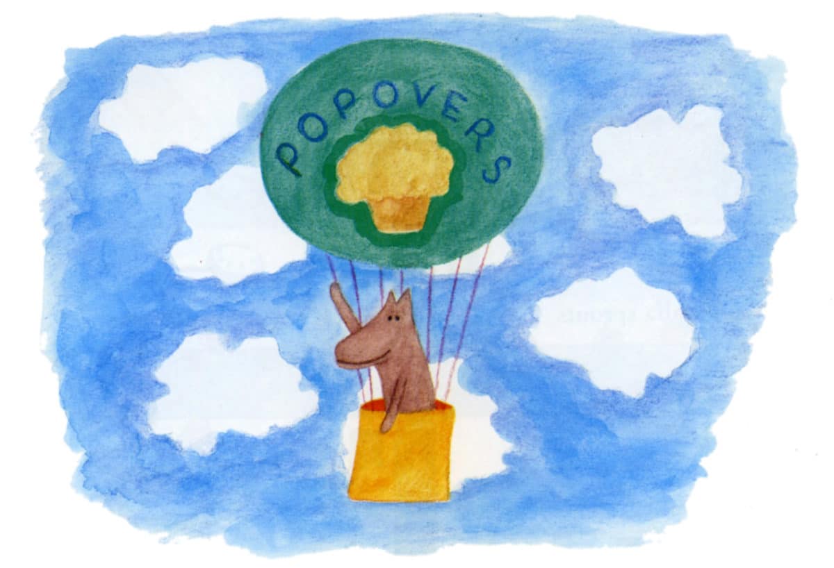 Illustrated dog in a hot air balloon with "Popovers" written above.