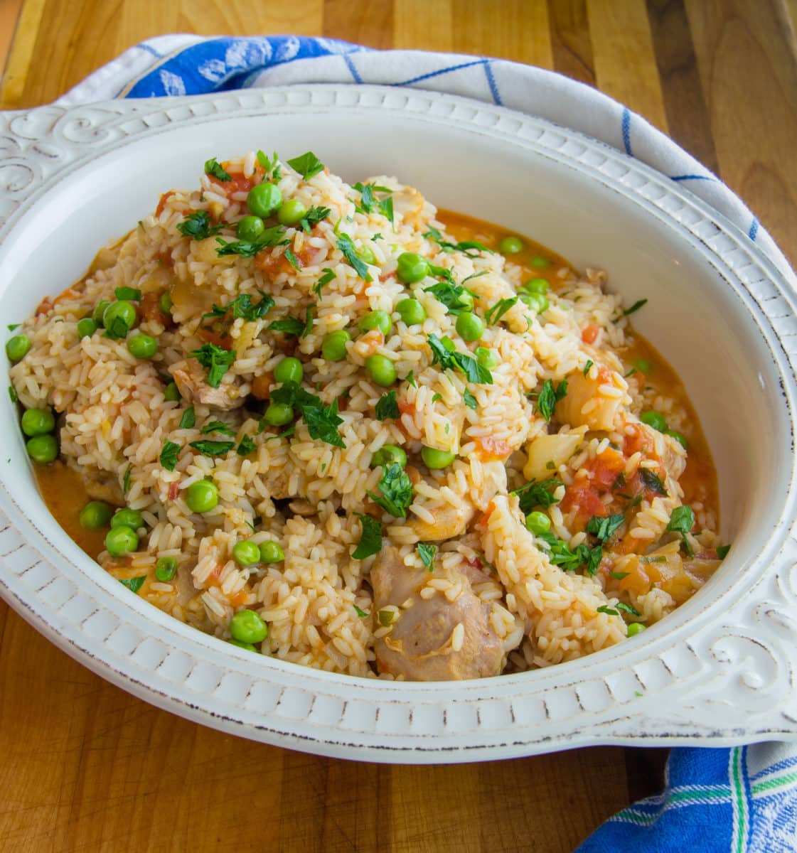 A dish of Portuguese stewed chicken with rice