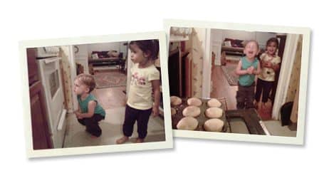 Young children preparing popovers in a kitchen setting.