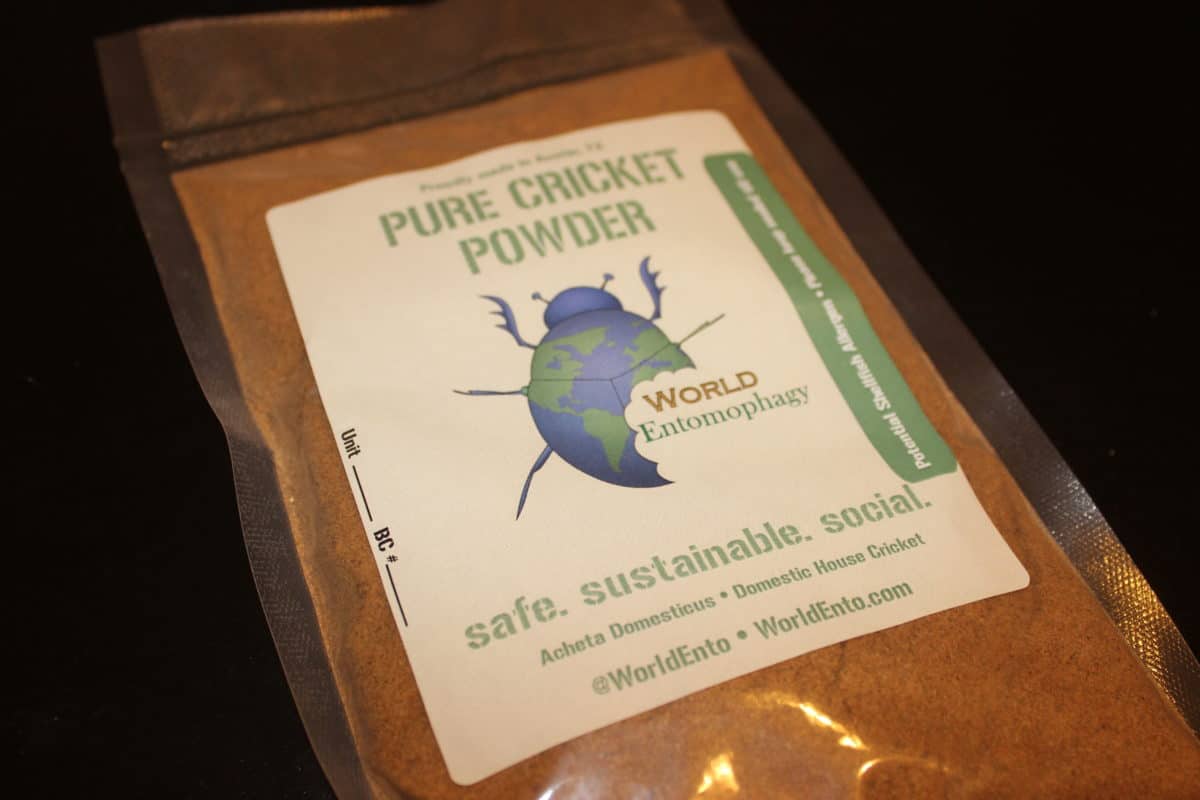 Packet of "PURE CRICKET POWDER" with World Entomophagy logo.